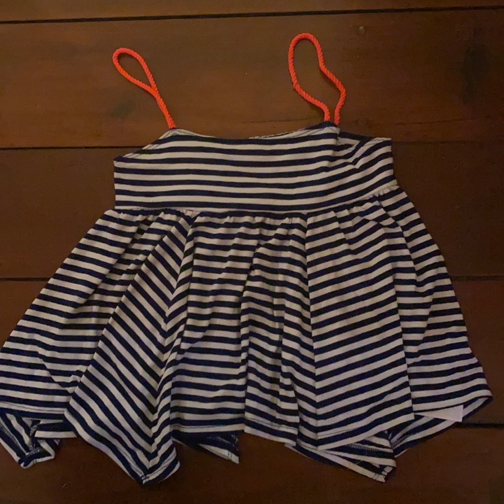navy and white striped top, bright orange straps